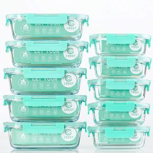 C CREST [10-Pack] Glass Food Storage Containers with Lids, Airtight, BPA Free, Meal Prep Containers for Kitchen, Home Use (Light Green)