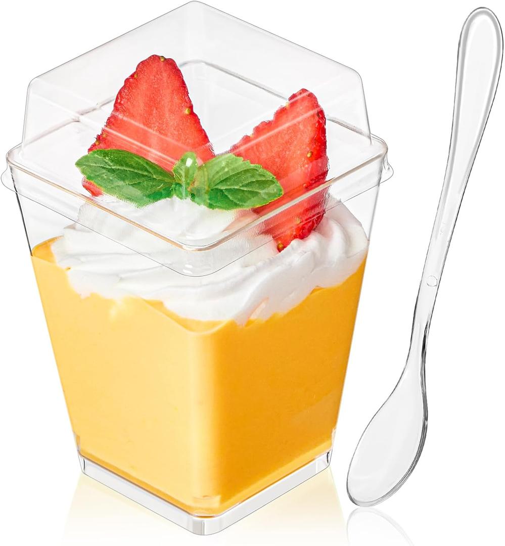 5 oz Plastic Dessert Cups with High Flat Lids and Spoons, 50 Pack Mini Clear Parfait Cups Square Party Serving Cup for Pudding, Appetizer, Fruit and Jello