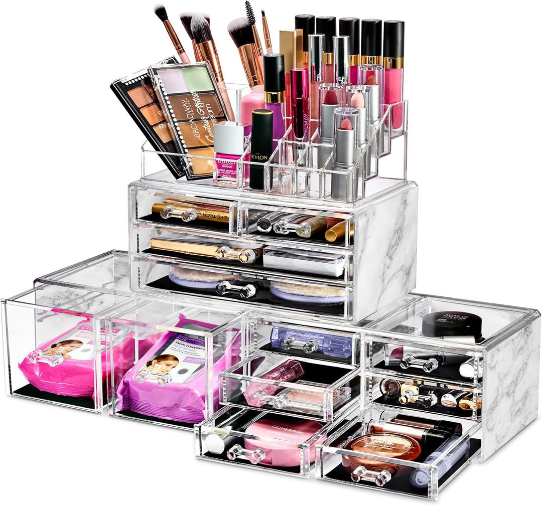 Sorbus Large Makeup Organizer - Clear Stackable Jewelry & Makeup Organizer For Vanity, Bathroom Storage, Dresser - 12 Drawers Cosmetic Beauty Organizers and Storage with Lipstick, Makeup Brush Holder (Marble)