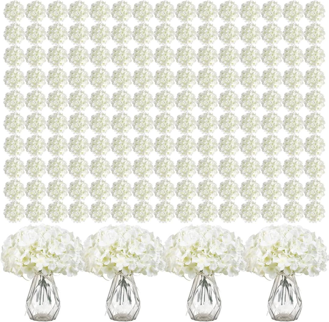 Auihiay 404PCS Hydrangea Artificial Flowers, Silk Artificial Flowers Heads with Stems, Ivory Lifelike Faux Flowers for Wedding Centerpieces, Arch and Background, Party, Home, Baby Shower Decor