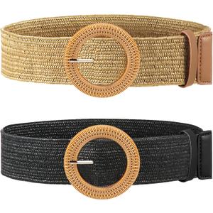 2 Pieces Women Straw Woven Elastic Stretch Waist Belt Skinny Dress Braided Waist Belt with Wooden Style Buckle, Size Name: 39.37 Inches