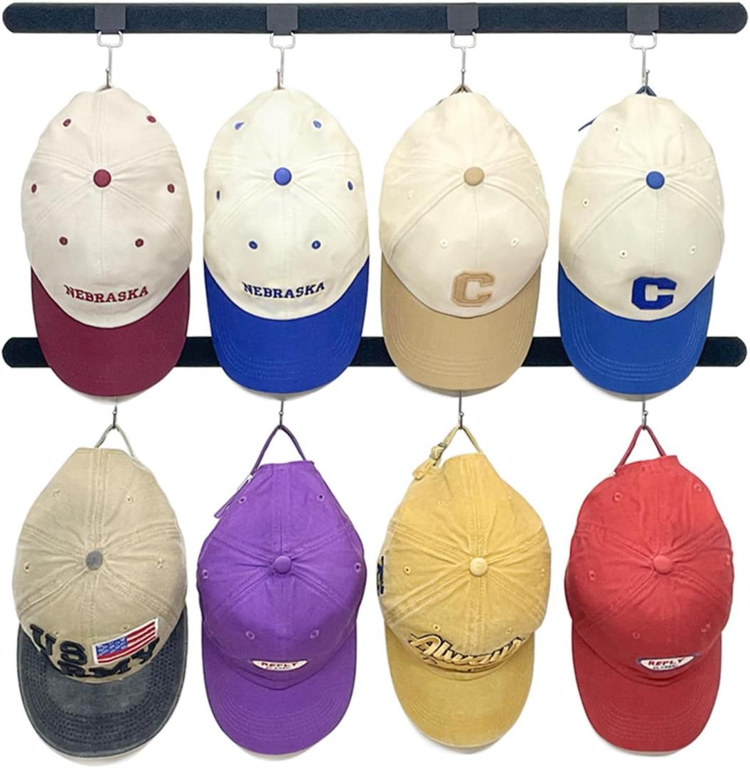 Adhesive Hat Organizer Rack for Baseball Caps [Up to 24 Caps] Hat Hangers Holder Display for Wall, Over Door Closet, Room/College Dorm Storage - 2 Magic Strips with 8 Removable Hooks