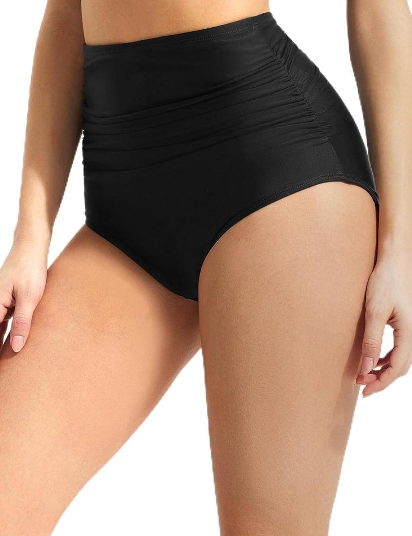 baleaf Women's High Waisted Bikini Bottoms Full Coverage Ruched Bathing Suit Tummy Control Swimsuit Bottom (Black) 2XL