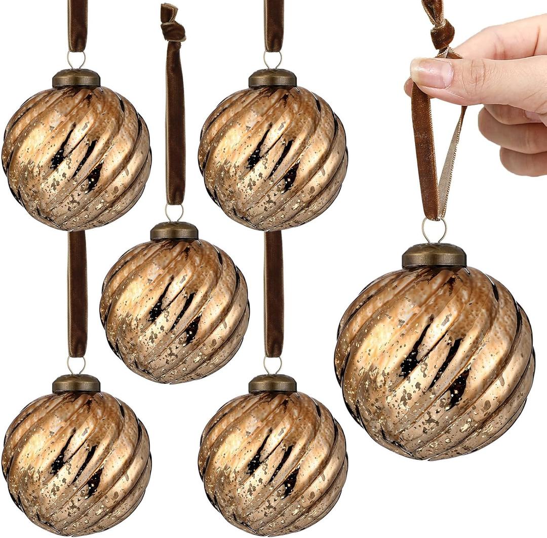 Threan 6 Pcs Large Vintage Mercury Glass Christmas Ornaments 3.15" Hanging Christmas Ball Ornaments Antique Embossed Ball Decorations for Xmas Tree Garland Wreath Holiday Decor(Brown,Twist)