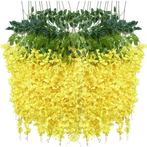 Artificial Wisteria Hanging Flowers Fake Wisteria Flower Garland Silk Vines Rattan Decor for Home Wedding Arch Wall Garden Greenery Bedroom Outdoor Office Party Decoration (12, Yellow)