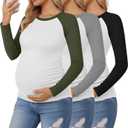3 Pack Women's Maternity Shirts, Pregnancy Raglan Long Sleeve Tops Sides Ruched Crew Neck Color Block Mama Clothes (S)