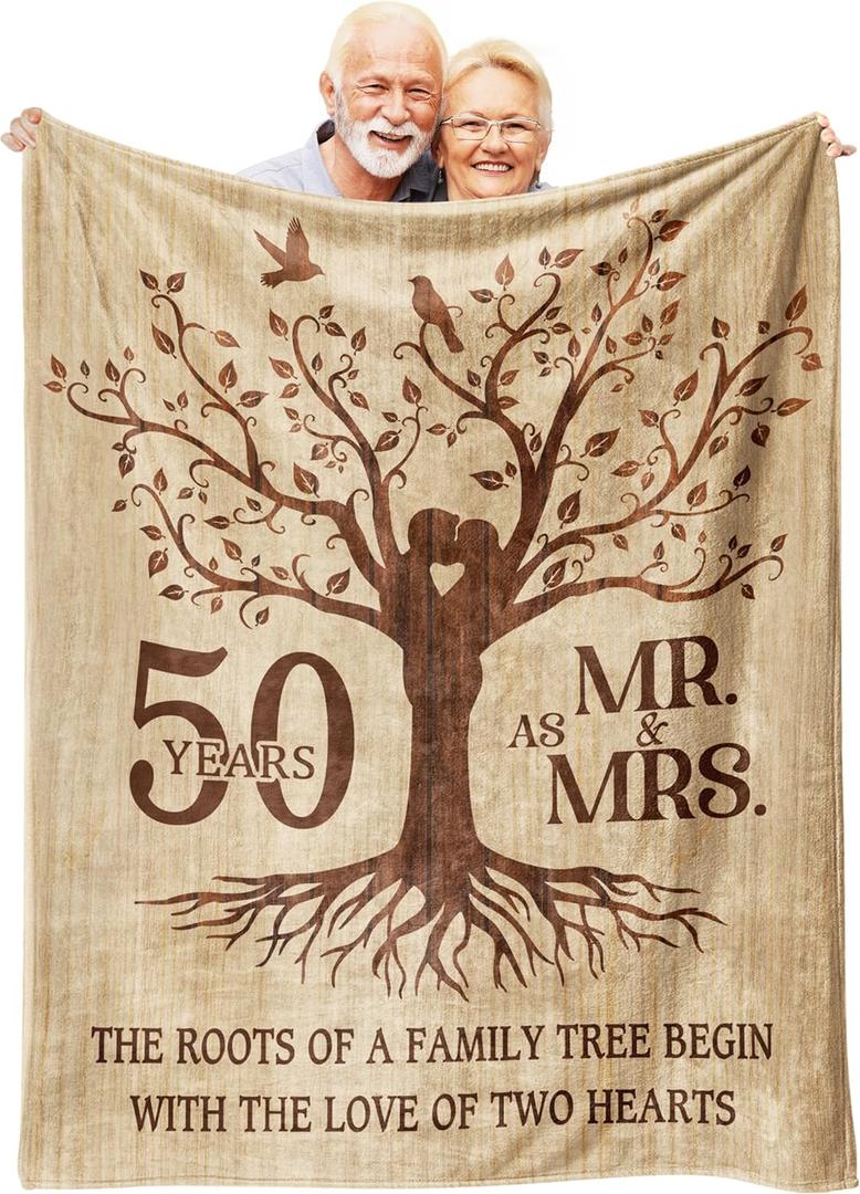 Happy 50th Anniversary Wedding Gifts, Flannel Soft Blanket Decor, Golden 50th Anniversary Romantic Gifts for Couple Parents, 50 Year Wedding Anniversary Decorations - 50x60 inches