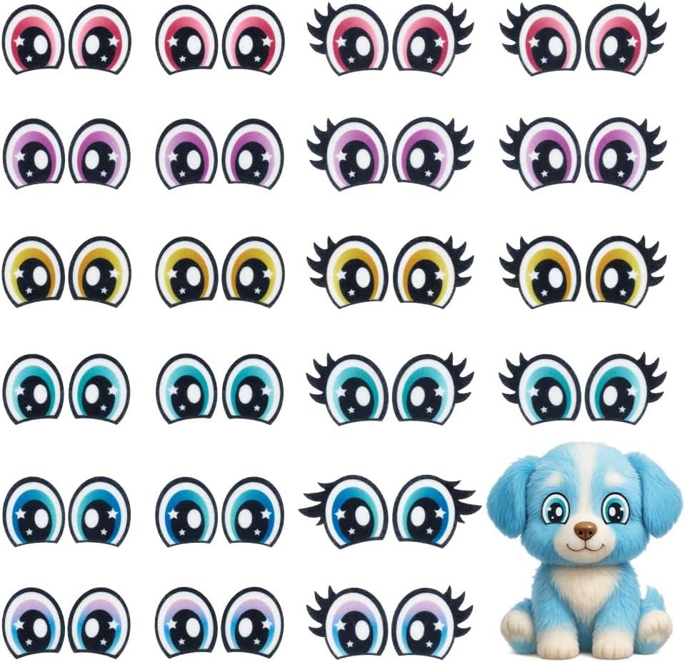 PH PandaHall 24 Pairs 6 Colors Felt Eyes with Lashes, 2 Styles Colorful Oval Eye Kawaii Felt Eye Crochet Patches Amigurumi Craft Eyes for Plush Puppet Teddy Bear Crochet Animals Crafts Making