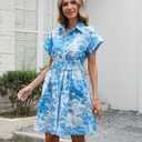 Women's Button Down Shirt Dress Floral Printed V-Neck Turn Down Short Sleeve Mini Casual Trench Coat Formal Blue, Medium