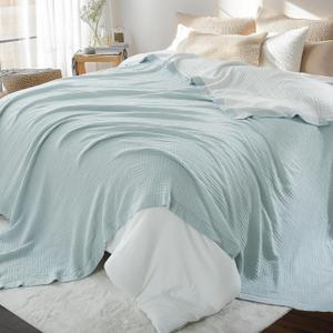Cotton Muslin Blanket with Pick-Stitching and Satin Edgin, Lightweight Summer Blankets King Size, Muslin Blankets for Adults, Breathable Gauze Blanket for Bed, Blue,108x90 Inches