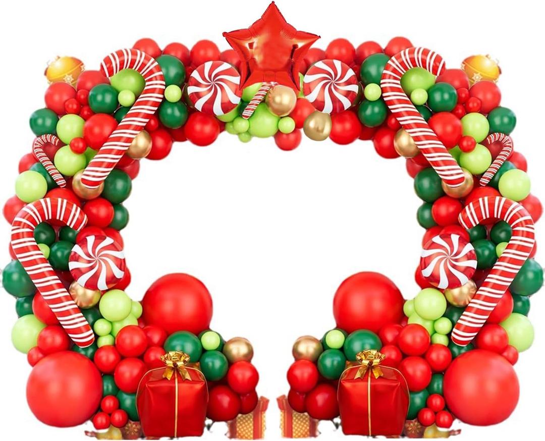 Leesoot Christmas Balloons Arch Decorations 144pcs Red Green Gold Balloons for Party Gift Star Candy Cane Balloons Indoor Outdoor Decor Christmas Balloon Garland Arch Kit