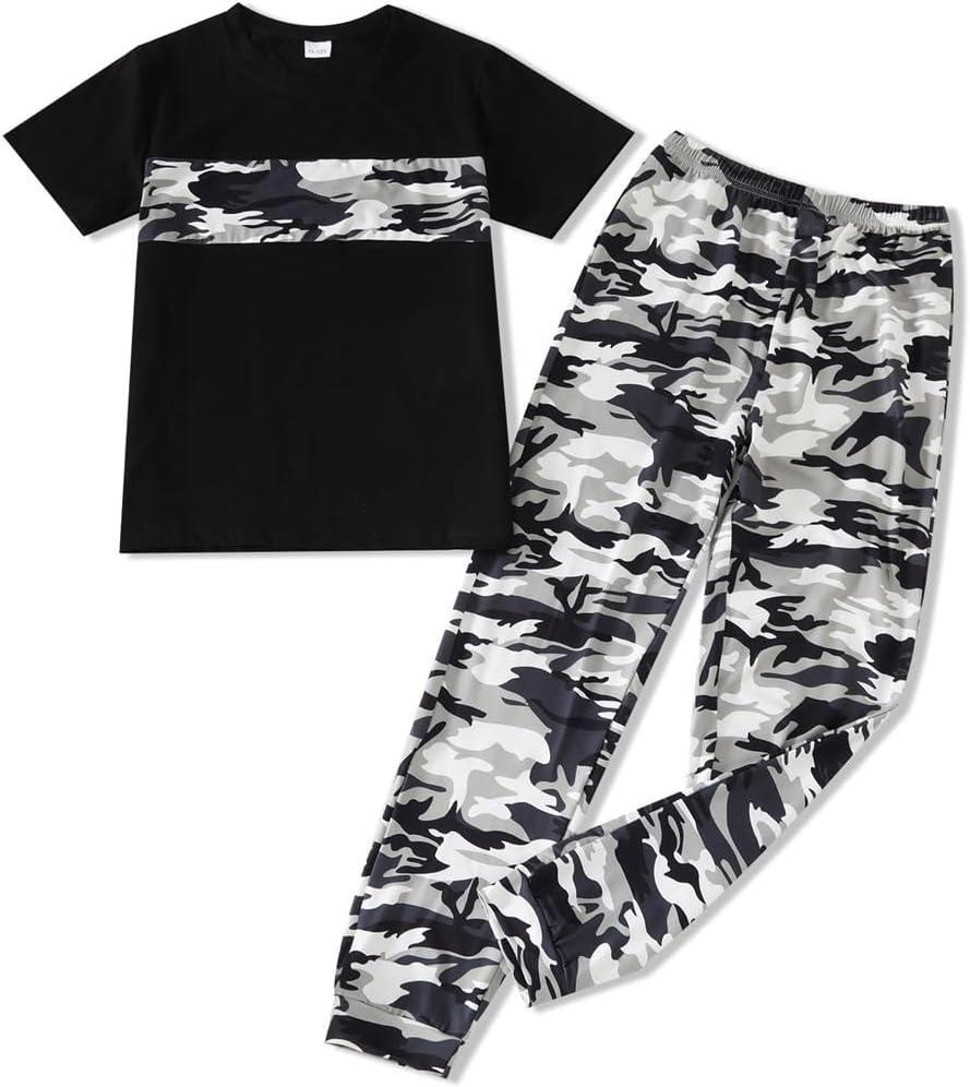 Boys 2 Piece Outfits Color Block Clothes Short Sleeve T Shirt and Camouflage Pants Summer Clothing Sets(9-10Y) (Brown)