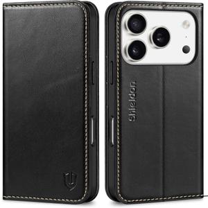 SHIELDON Case for iPhone 17 Pro 6.3-inch 2025 | Genuine Leather | Wallet Design | Flip Magnetic | Kickstand | RFID Blocking Card Holder | Shock Absorption Phone Cover for Women Men | Retro Black