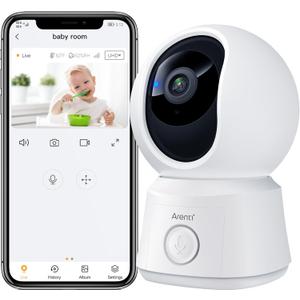 ARENTI B2, 360 View Baby Camera for Pet/Nanny, 2.4g WiFi Only, Temperature Sensor, Sound & Motion Detection, 2 Way Audio, Night Vision, Works Screen2-No Light