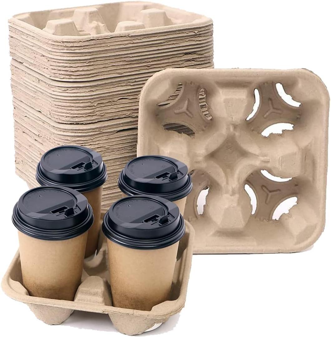 Disposable Compostable Drink Carriers, 100 Pack | Paper Pulp Cup Holder for 4 Cups (8-32 oz) | Biodegradable Tray for Coffee, Bubble Tea, Takeout & Delivery