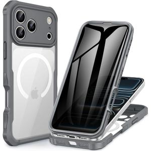 CENHUFO Magnetic Privacy for iPhone 17 Pro Max Case [Compatible with Magsafe] Full Body Phone Case Built-in 9H Tempered Glass Privacy Screen Protector, Camera Protection Shockproof Cover - Grey