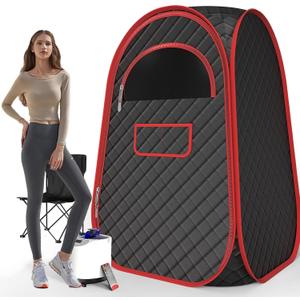 Portable Sauna Box - Portable Steam Sauna for Home with 2.6L 1200W Steamer, 99 Minute Timer, 9 Levels Temperature Settings, Remote Control and Folding Chair for Sauna Box, Red