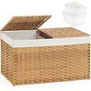 SETVSON Storage Basket with Lid Rattan Woven Storage Baskets with 2 Separate Lids, 17.2 Gallon (65 L), 22 x 13 x 13.8 Inches, Foldable, 2 Removable Liner Bags Handles for Bedroom, Laundry Room Natural