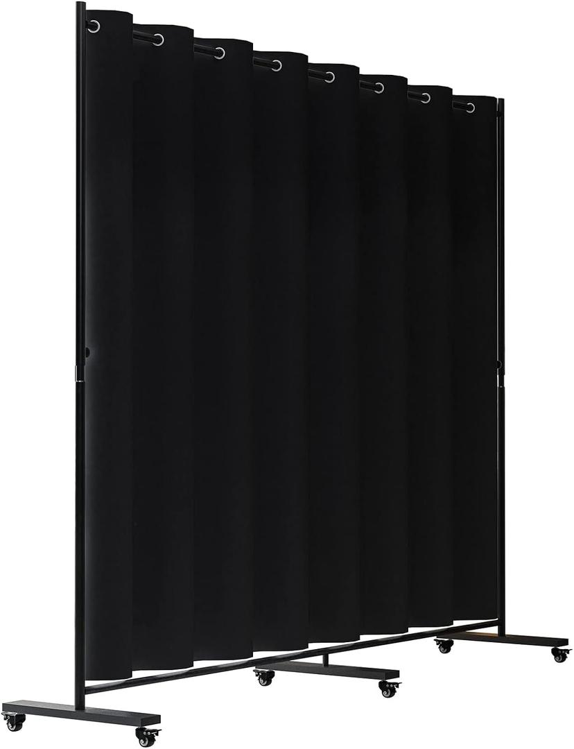 Madamera Adjustable Room Divider, 7 ft x 10 ft, 4 Rolling Wheels Curtain Divider Stand, Black Metal Frame, Blackout Curtain & Portable Tool, Expandable Screen for Office, Bedroom, Kitchen (Black)