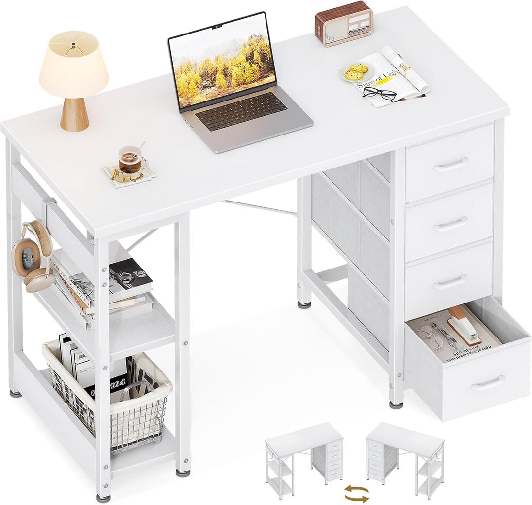 ODK 40 Inch Small White Computer Desk with 4 Fabric Drawers, Modern Writing PC Desk for Small Spaces, Home Office Study Table with Storage Shelves, Vanity Table, White