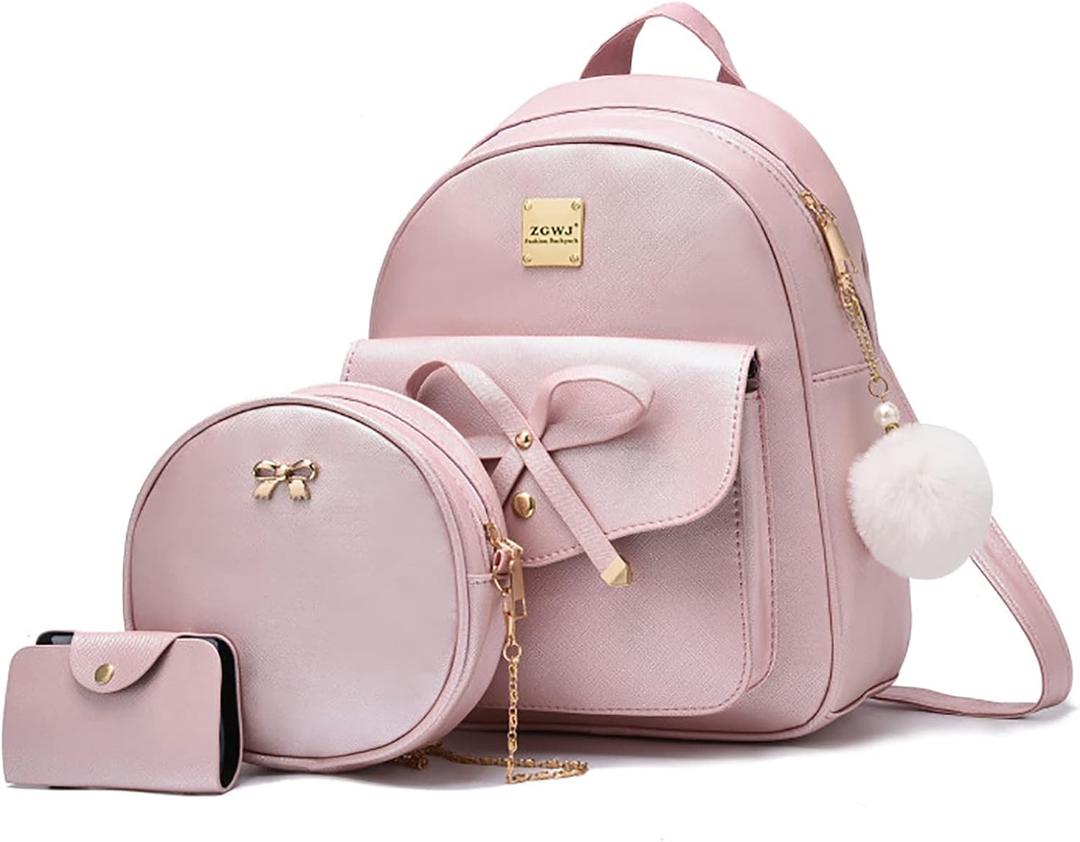 ZGWJ Mini Backpack Purse for Women - 3-Piece Set, Small PU Leather Bowknot Fashion Backpacks, Cute Casual Travel Daypacks