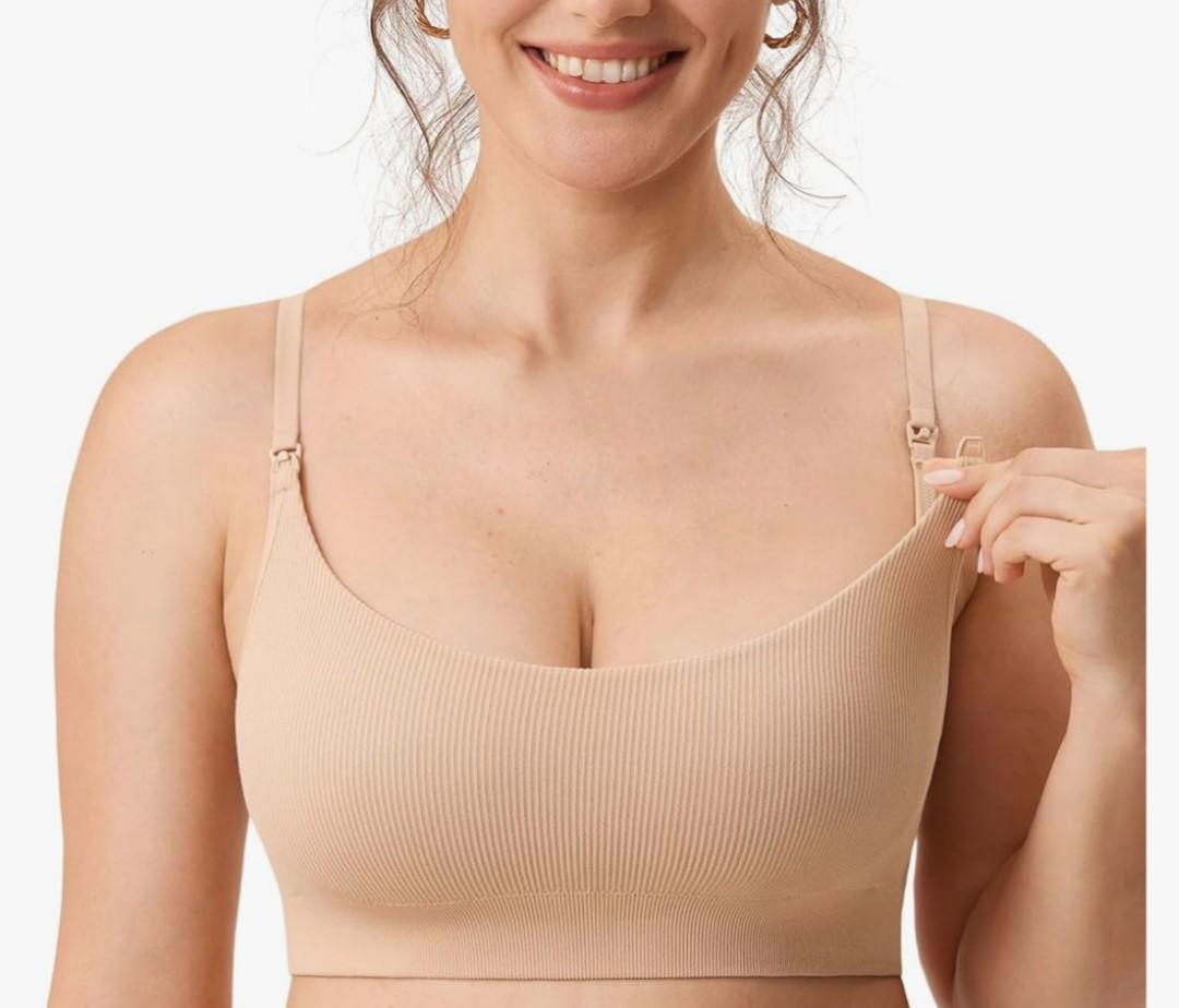 Ribbed Nursing Bras for Breastfeeding Support Maternity Sports Bra Wireless Seamless Sleep Bralettes Size XXL, Beige