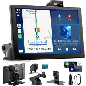 IK9 9" Wireless CarPlay & Android Auto Screen, Portable Car Stereo with 4K Dash Cam & 1080p Rear Camera, CarPlay with Backup Camera, Touch Screen GPS Display, Mirror Link, Apple CarPlay Screen