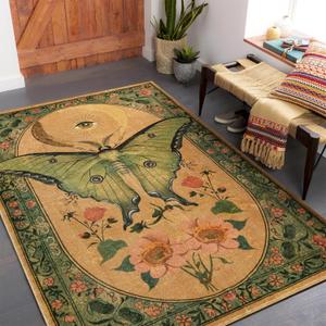 RoomTalks Country Floral Entryway Rug Non Slip Washable Luna Moth 4x6 Indoor Area Rug, Vintage Abstract Cute Aesthetic Cottagecore Accent Rug Carpet for Bedroom Dining Living Room Dorm Kitchen (Green and Orange)