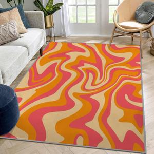 Retro Area Rug, Orange 70s Wavy Swirl Pattern, Machine Washable Modern Non-Slip Rug, Home Decor Floor Carpet for Classroom Laundry Bedroom Living Room, 5' x 7'