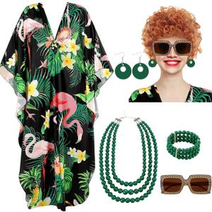 Maiteenly 6 Pcs Carnival Landlady Women Costume Curly Wig Print Caftan Dresses Jewelry Set and Sunglass for Cosplay Party