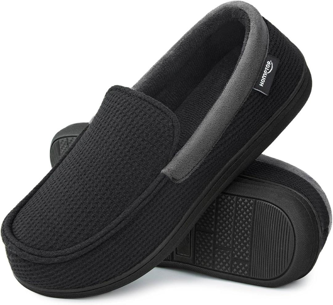 HomeTop Men's Comfort Memory Foam Moccasin Slippers, Breathable Cotton Knit Terry Cloth House Shoes for Indoor Outdoor (9 D(M) US, Black)