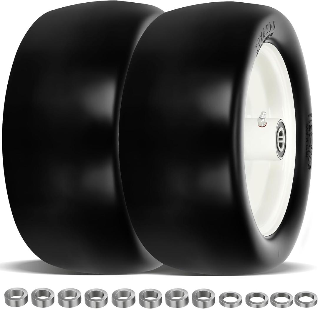 2 Pcs Upgrade 13x6.50-6 Lawn Mower Tires Flat Free with 3/4" Bearing, 13x6.50-6 Zero Turn Mower Front Tires, 13x6.5-6 Flat Free Lawn Mower Tires for Commercial Grade Lawn, 5.5"-7.5" Centered Hub (White)