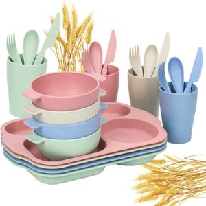24 PCS Wheat Straw Dinnerware Set for Kids Toddler Plate Bowl Cup Sets Unbreakable BPA-Free Tableware Set with Divided Plate Microwave Dishwasher Safe Perfect for Home School Picnics (Colourful)