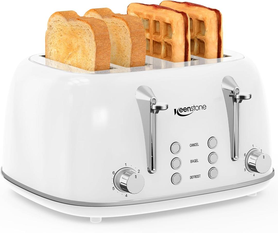 Keenstone Toaster 4 Slice, Retro Stainless Steel Wide Slot Toaster with Dual Independent Controls, 6 Browning Levels, Bagel, Defrost, Reheat & Cancel, Removable Crumb Tray, White