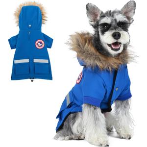 PINA Small Dog Coats - Waterproof Winter Jacket with Flannel Lining, Faux Fur Hood & Pocket (L(Chest 21.6"), Blue)