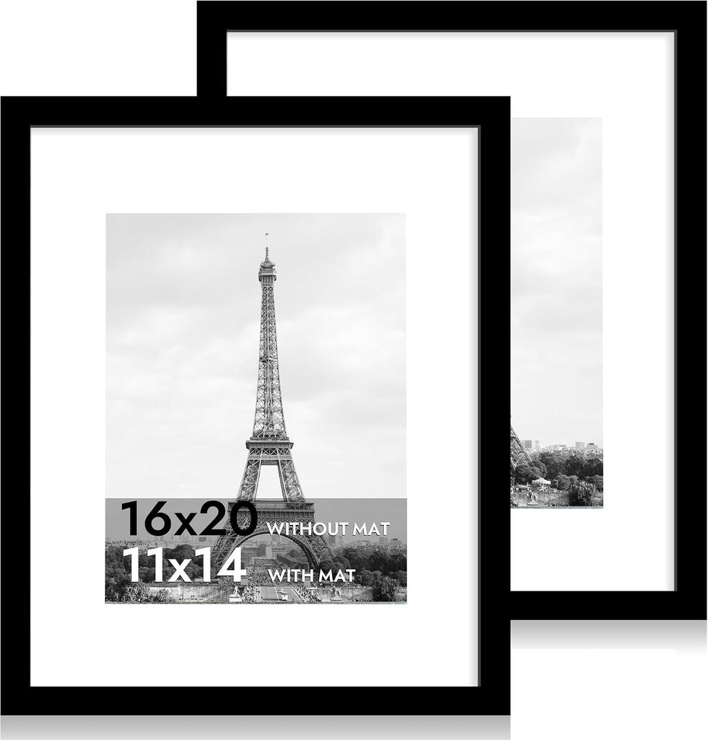 16x20 Picture Frame Set of 2 with Plexiglass, Black Poster Frame Display 11x14 Picture with Mat or 16 x 20 Without Mat, Wood Photo Frame for Horizontal or Vertical Wall Mounting