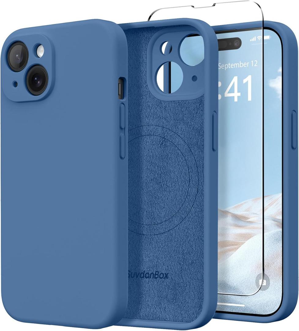 Magnetic for iPhone 15 Case, Compatible with MagSafe, [Screen Protector + Full Camera Protection], Silicone Shockproof Anti-Scratch Protective Phone Case for iPhone 15 6.1", Lake Blue