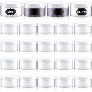 Dandat 24 Pcs 8 oz Plastic Jar Container with Lid and Label Refillable Empty Round Clear with White PET Cosmetic Sample Slime Containers for Lotion, Cream, Ointment, Body Butter, Makeup Travel Storage