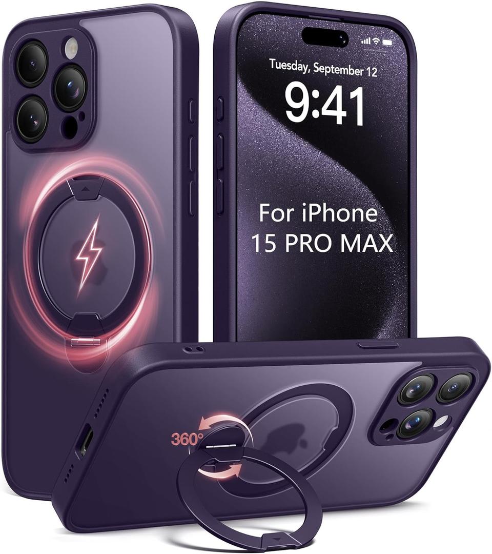 Magnetic for iPhone 15 Pro Max Case,[Unbreakable & Magnetic Stand] [Military-Grade Protection] [Phone Case Compatible with MagSafe] Slim Translucent Matte Shockproof Phone Cover,Deep Purple