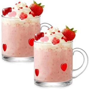 FoldTier 2 Pcs Valentine's Day Icon Glass Cups 14oz Heart Icon Mugs with Handle Clear Drinking Glasses Double Old Fashioned Hand Blown Cocktail Glassware for Women Valentine Party Birthday Gift