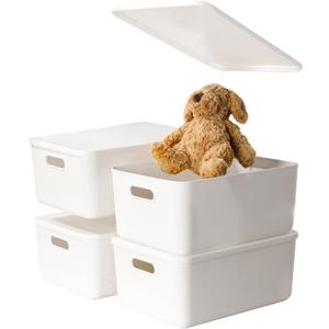 4 pack large plastic White storage bins with Lids, Toy Box Chest with HandleOrganizer Containers Baskets for Baby,NurseryShelvesPlayroom, BedroomOffice,Closethome (White, 4M)