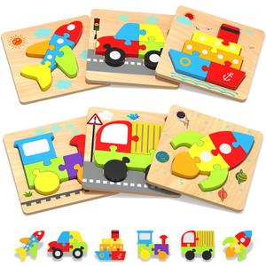 Yetonamr Wooden Toddler Puzzles Gifts Toys for 1 2 3 Years Old Boys Girls, 6 Vehicle Shape Montessori Toys Educational Blocks Kids Gift Baby Learning Toy Age 1-3, 2-4