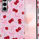 DEFBSC Case for Samsung Galaxy S22, Cute Pink Bow Cherry Print Aesthetic Trendy Pattern for Women Girls Slim Durable Bumper Shockproof for Samsung Galaxy S22 Case, Pink Ribbon/Glossy