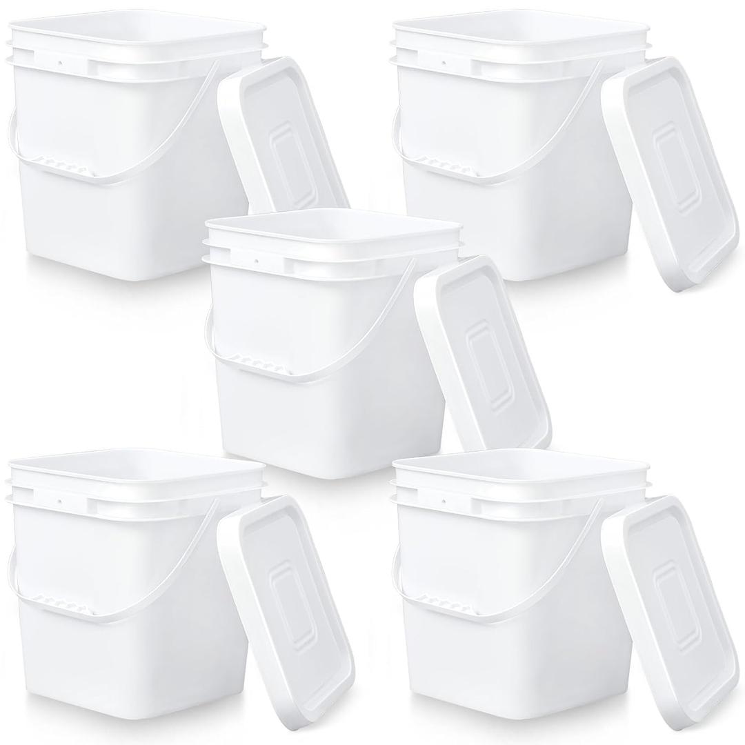 Mumufy 5 Pcs 3.5 Gallon Square Food Grade Bucket with Lid Square Bucket Pail with Plastic Handles for Storing Dry Food, Charcoal, Camping, Fishing (White)