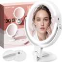 10X/1X Makeup Mirror with Lights and Magnification, 7.1 Wall Mounted Desktop Double-sided Magnifying Mirror with Suction Cup, 360Swivel Rechargeable Travel Vanity Mirror with 3 Colors & Dimmable (White)