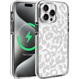Magnetic for iPhone 14 Pro Max Case, Compatible with MagSafe, Wireless Slim Clear Shockproof Protective Cover for Women Girl - Gray White Leopard Print