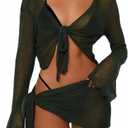 Women's 2 Pieces Outfits Mesh Perspective Suit Swimming Beach Long Sleeve Crop Top and Mini Skirt Set (Green, Small)