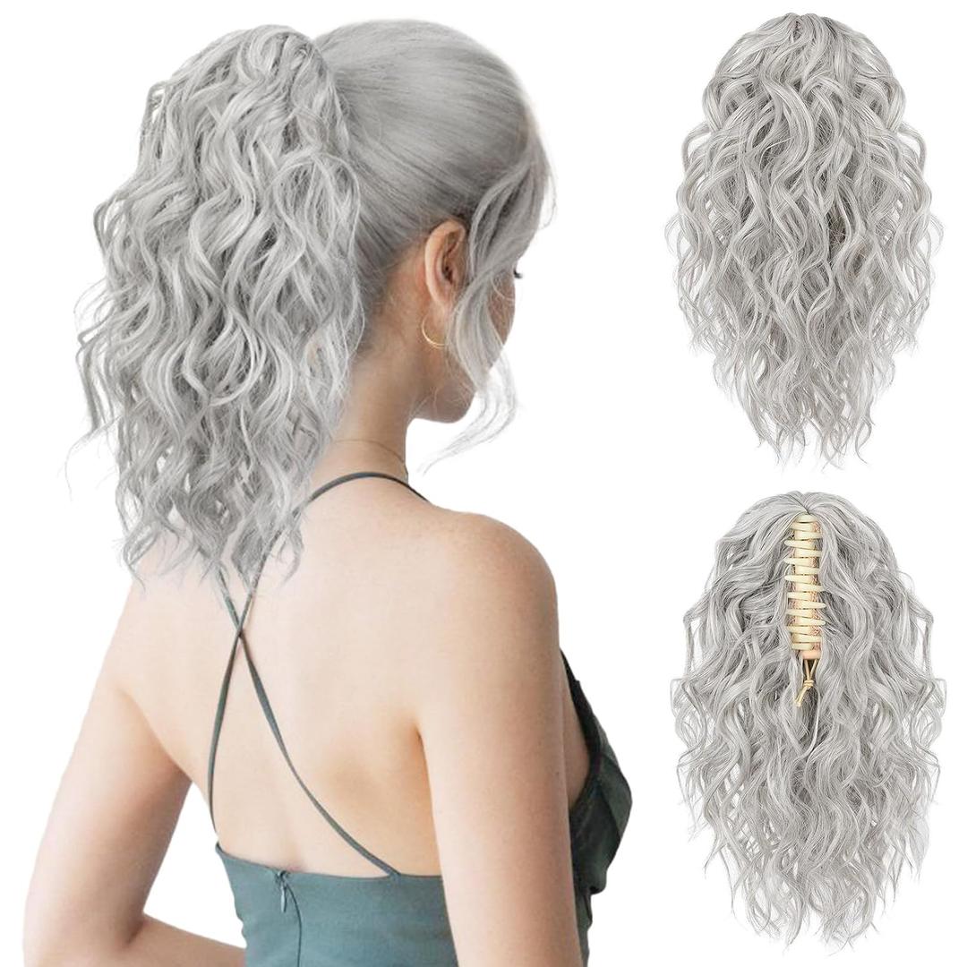 Flufymooz Ponytail Extension, 12" Short Claw Ponytail Extension Wavy Curly Jaw Clip in Pony tails Hair Extension Natural Synthetic Hairpiece for Women (Grey/Silver/White Mixed)