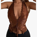 WDIRARA Women's Floral Print Tie Front Sleeveless Cut Out Backless Asymmetrical Hem Crop Halter Top Size L