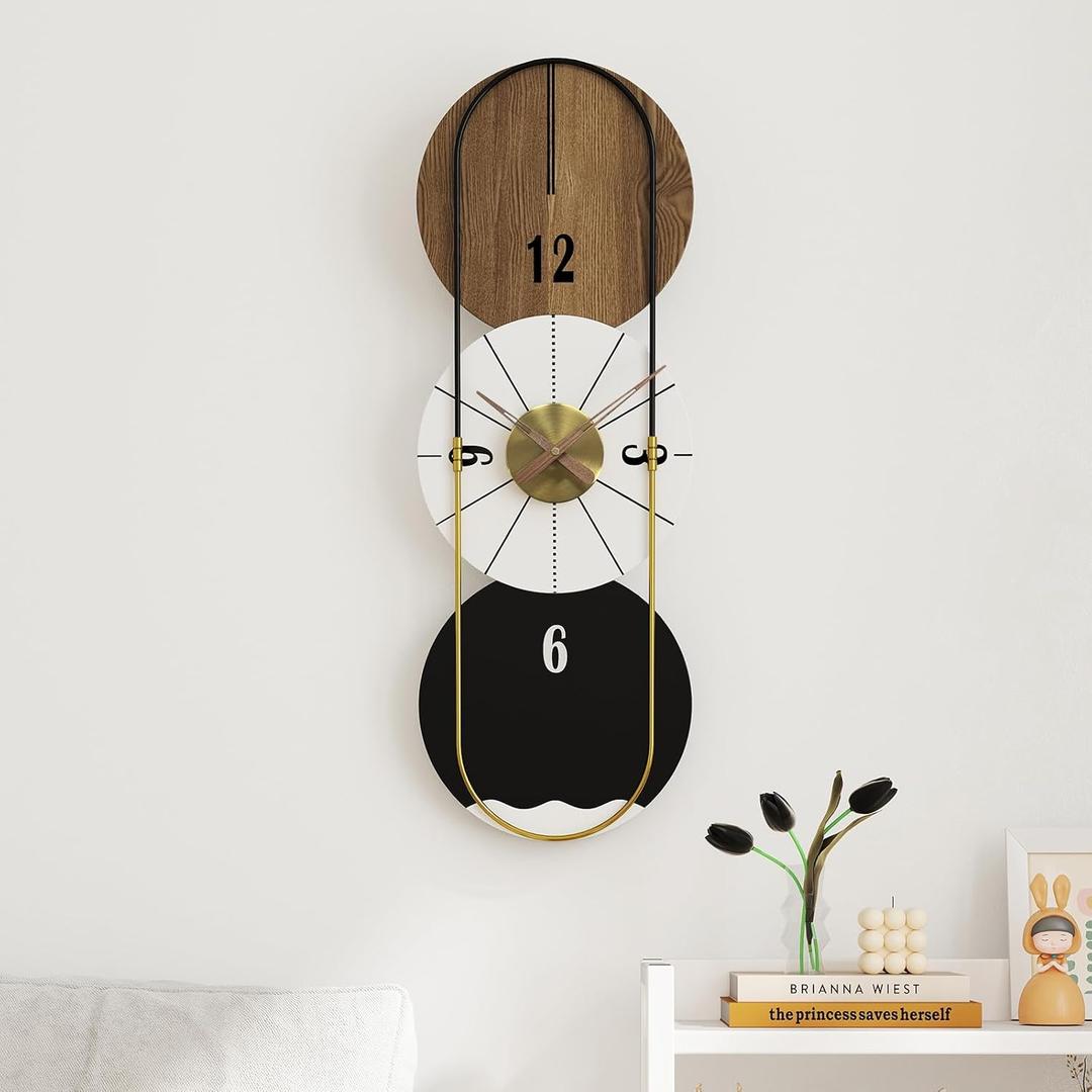 HOITUZYUS 31x11 inches Modern Wall Clock Battery Operated, Wooden Decorative Analog Clock with Silent Quartz Movement for Living Room, Kitchen, Bedroom, Office
